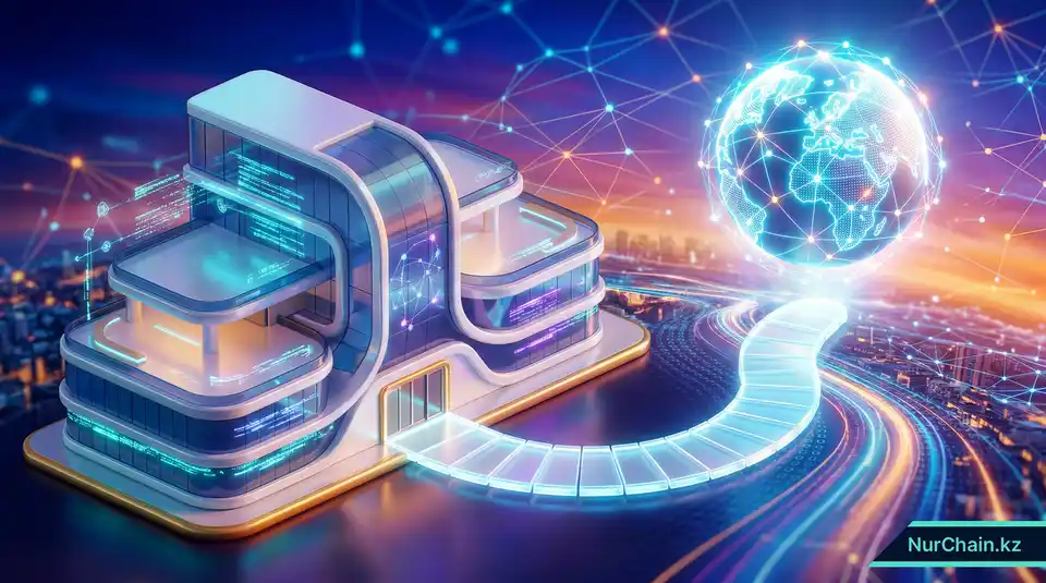 Футуристический университет, соединенный со светящимся земным шаром, что символизирует адаптацию высшего образования к будущему с помощью блокчейна.