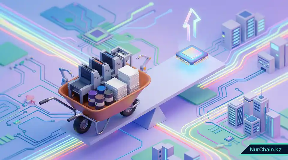 Весы, показывающие тяжелое печатное оборудование в противовес легкому цифровому микрочипу, что иллюстрирует экономическую эффективность цифровых дипломов.