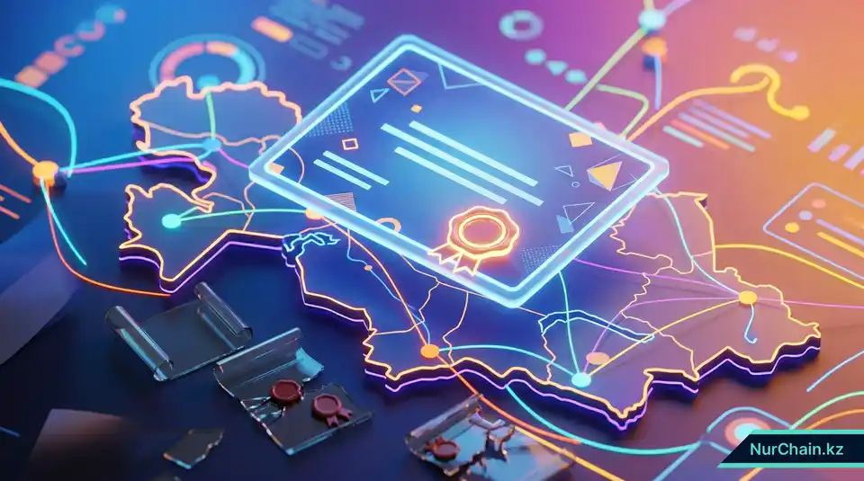 Светящийся цифровой диплом, парящий над картой Казахстана, что символизирует переход университетов на цифровые документы.