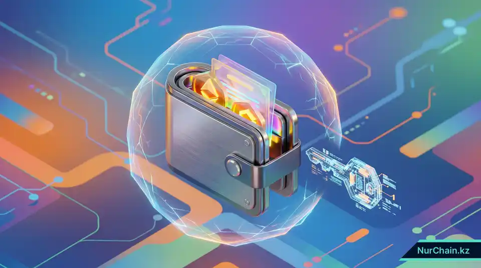 Футуристическое хранилище в виде цифрового кошелька со светящимися токенами внутри, представляющее защищенные криптокошельки для студентов.