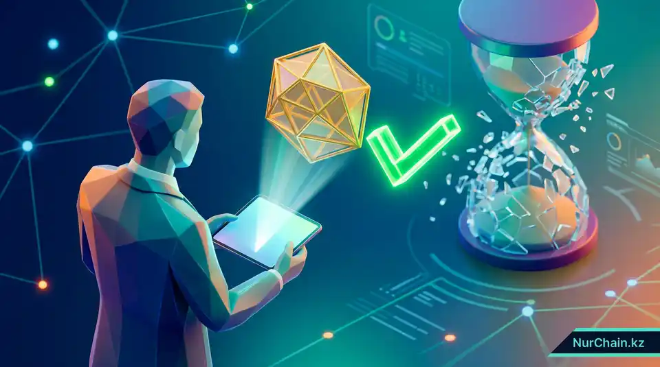 Работодатель сканирует цифровой токен с помощью планшета и мгновенно получает зеленую галочку, что демонстрирует оптимизацию процесса проверки.