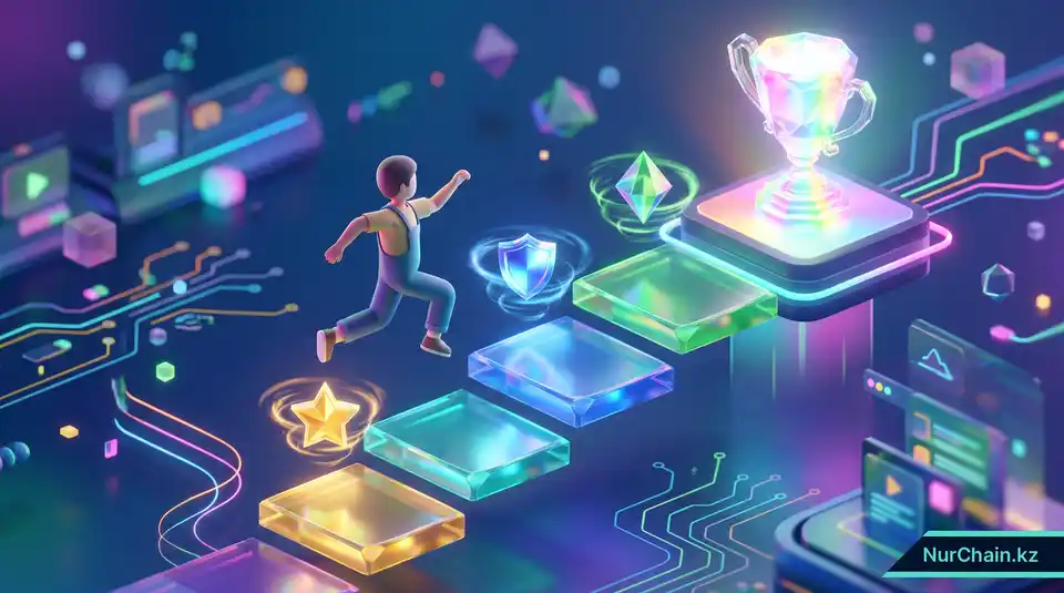 Студент, поднимающийся по светящейся лестнице и собирающий цифровые значки, что символизирует геймификацию обучения и систему вознаграждений.