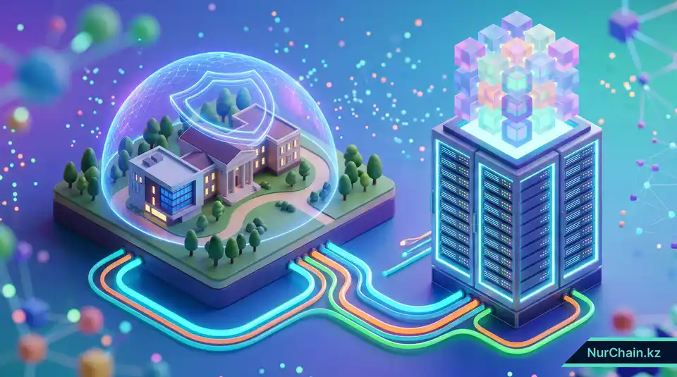 Университетский кампус, подключенный к светящейся серверной стойке и блокчейн-кубу, что отражает подготовку ИТ-инфраструктуры к Web3.