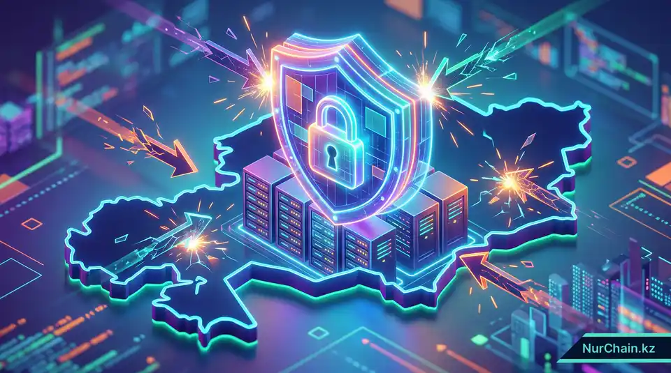 Цифровой щит, защищающий серверы на фоне карты Казахстана, что отражает соблюдение национальных законов о кибербезопасности.