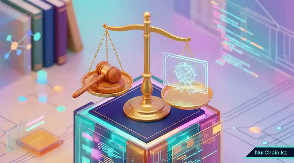 Уравновешенные весы правосудия, на которых лежат судейский молоток и цифровой сертификат, что иллюстрирует юридическую силу цифровых дипломов.
