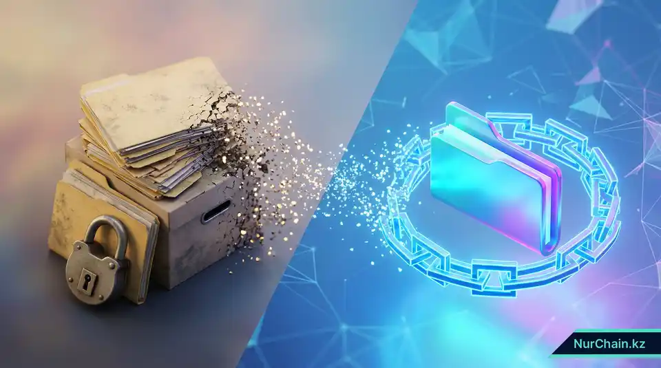 Бумажные папки, рассыпающиеся и превращающиеся в защищенную, светящуюся цифровую папку, что символизирует переход от бумажного формата к цифровому.