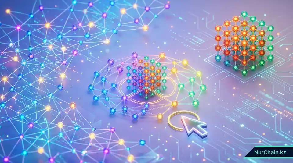 Выбор между различными 3D-моделями блокчейн-сетей, иллюстрирующий подбор технической архитектуры.