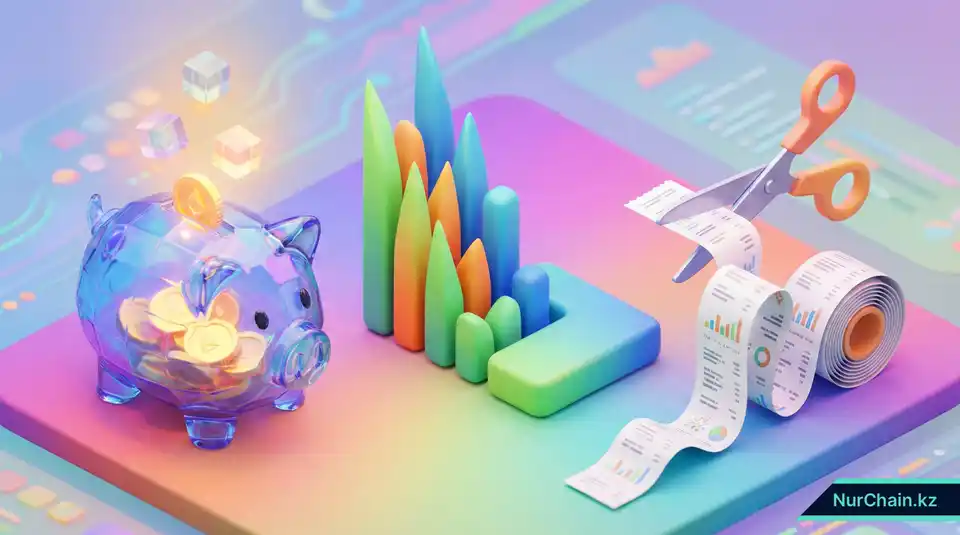 Цифровая 3D-копилка и финансовые графики, представляющие модели ценообразования и оптимизацию затрат на NFT-дипломы.