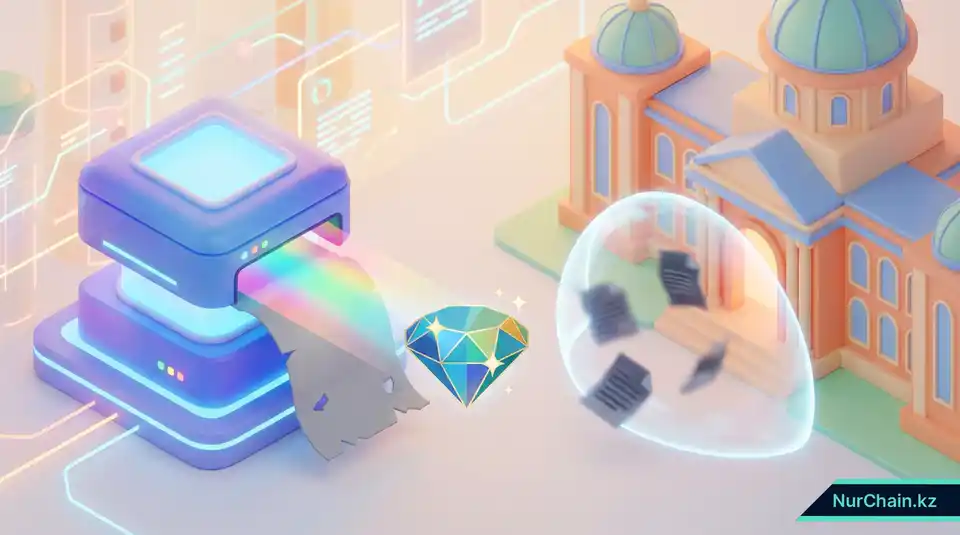 3D-визуализация процесса превращения бумажных документов в защищенные цифровые активы, исключающая мошенничество.