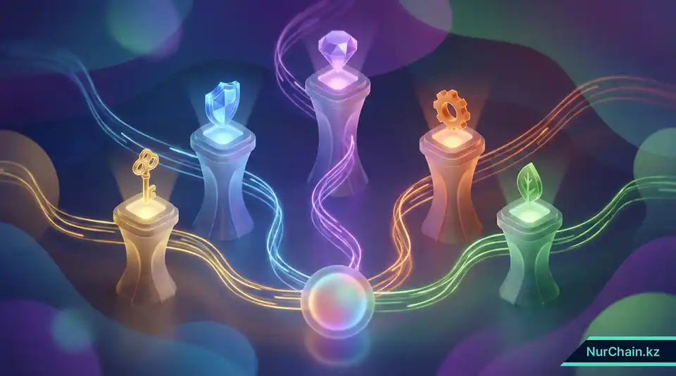 Мировые лидеры NFT-платформ, представленные символическими артефактами на 3D-пьедесталах, иллюстрирующие стратегии выбора.