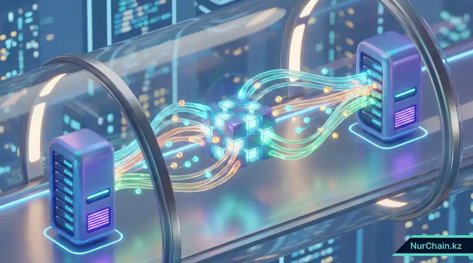 3D-серверные башни, соединенные световыми лучами с блокчейн-кубом, что символизирует интеграцию систем и автоматизацию.