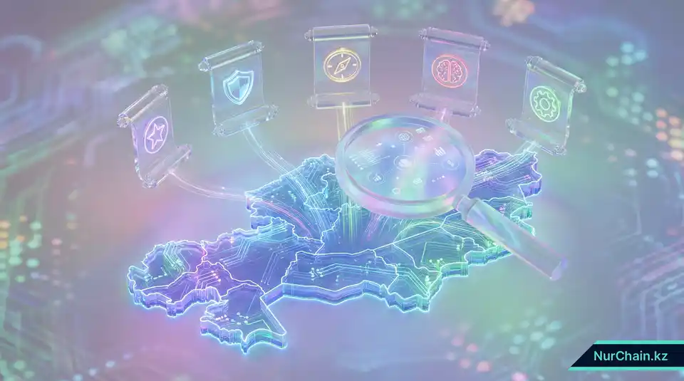 Трехмерная изометрическая карта Казахстана с парящими цифровыми дипломами и увеличительным стеклом, иллюстрирующая обзор NFT-платформ.