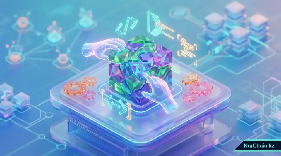 3D-верстак с компонентами с открытым исходным кодом, собираемыми в блокчейн-блок, что символизирует контроль.