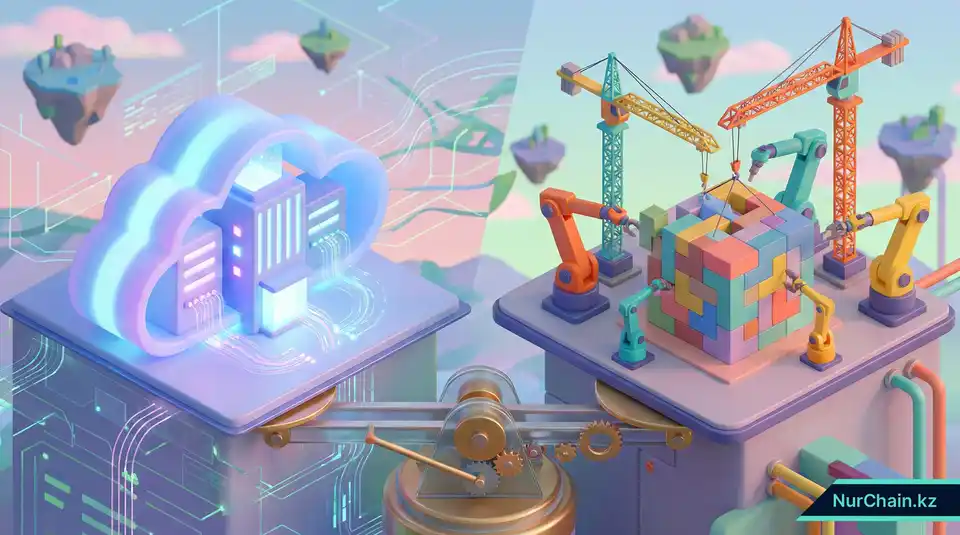 3D-сравнение готового облачного здания и строящегося объекта, представляющее выбор между SaaS и заказной разработкой на блокчейне.