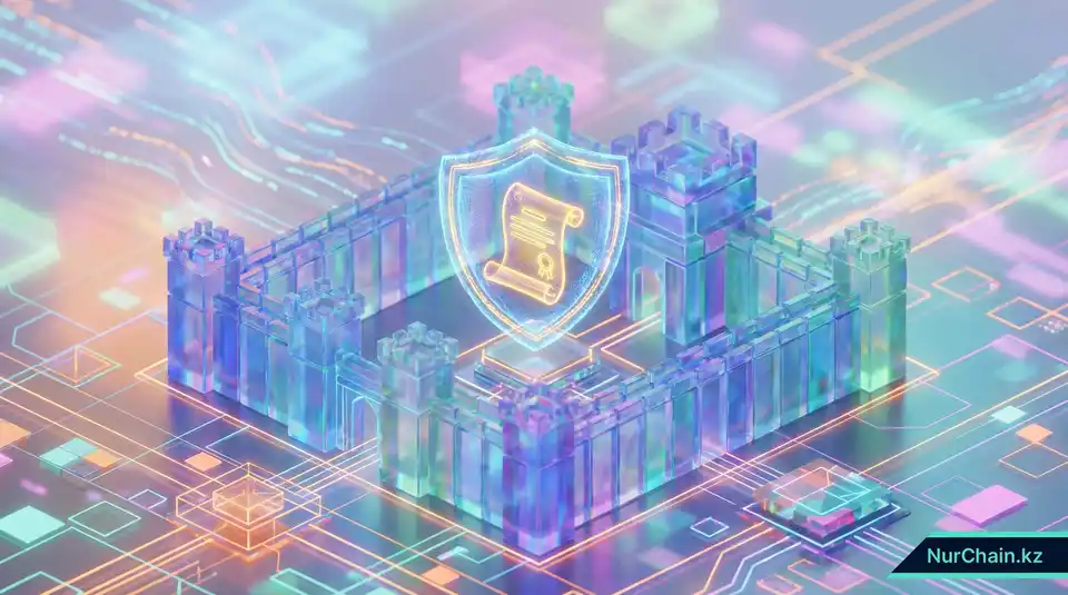Цифровая 3D-крепость с сияющим щитом, защищающим диплом, что представляет высокие стандарты безопасности.