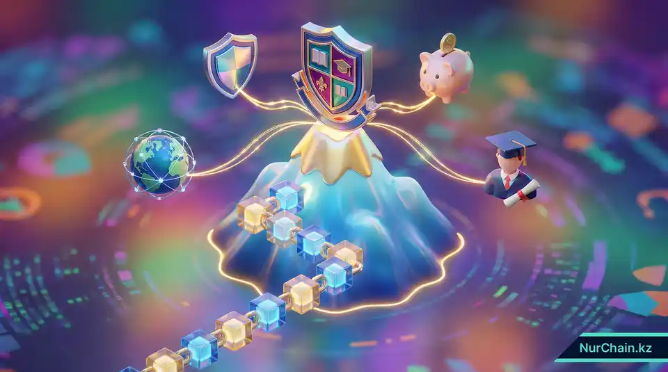 Итоговая 3D-инфографика, показывающая стратегический путь к будущему университета на базе блокчейна.