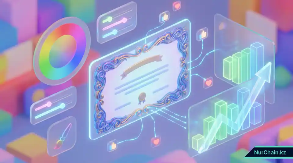 3D-иллюстрация цифрового документа, настраиваемого с помощью инструментов дизайна и окруженного светящимися аналитическими графиками и иконками социальных сетей.