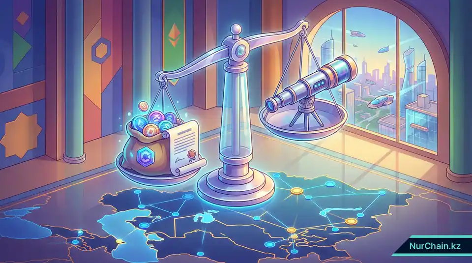 3D-инфографика рычажных весов, сравнивающая затраты, соответствие законодательству и глобальную узнаваемость для рынка Центральной Азии.