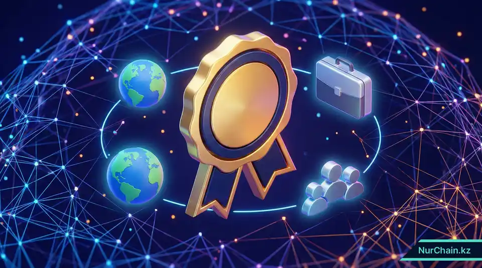 3D-рендер большого золотого цифрового значка с глобусом и портфелем, символизирующий Credly как мировой стандарт профессионального признания.