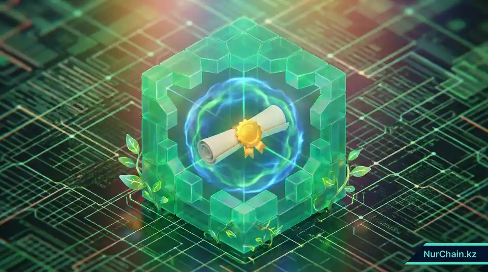 3D-сцена защищенного блокчейн-хранилища, оберегающего университетский диплом, с энергоэффективной зеленой подсветкой, представляющая eGAB.