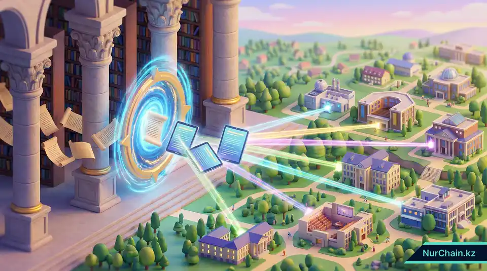 3D-иллюстрация оцифровки бумажных записей через портал в глобальную университетскую сеть, символизирующая Parchment.