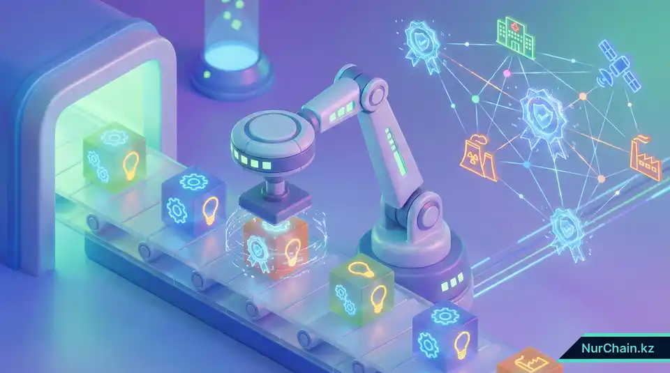 Изометрический 3D-вид автоматизированной системы, преобразующей символы навыков в цифровые значки, что олицетворяет картирование навыков в Sertifier.