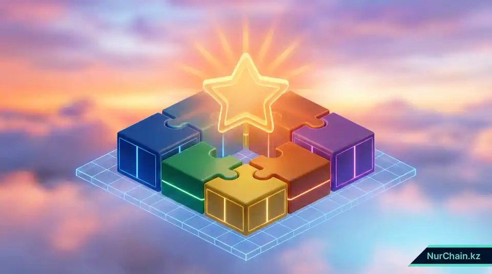 Итоговая 3D-графика, показывающая различные технологические блоки, составляющие основу для центральной звезды цифрового доверия и признания.