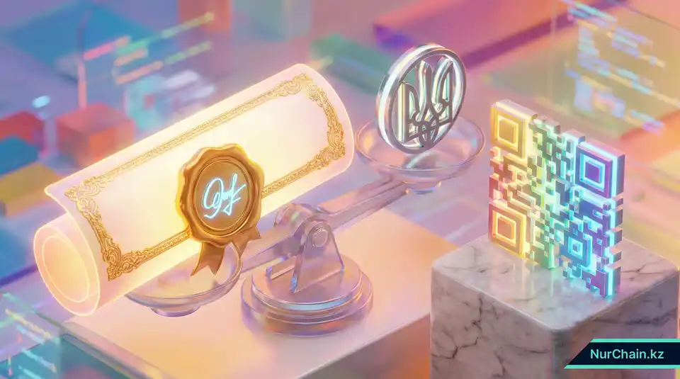 3D-визуализация цифрового диплома с золотой электронной подписью и QR-кодом, представляющая соответствие правовым нормам и стандартам Статьи 39.