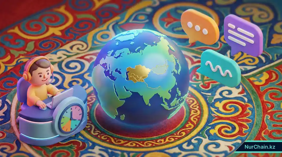 3D-иллюстрация специалиста службы поддержки в гарнитуре рядом с цифровым интерфейсом и национальными культурными узорами, символизирующая локализацию и техническую поддержку.