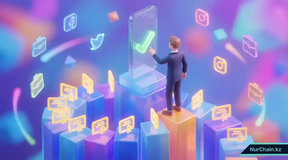 3D-инфографика, показывающая масштабируемую лестницу цифровых дипломов и работодателя, проверяющего документ на смартфоне.