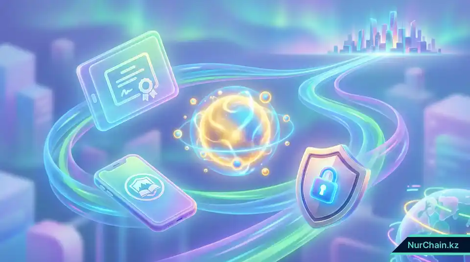 Итоговая 3D-иллюстрация, показывающая интеграцию цифровых дипломов, систем безопасности и государственных систем, ведущую к футуристическому горизонту.