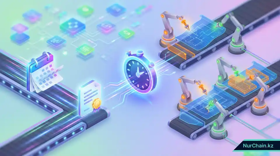 3D-инфографика, показывающая быстрое внедрение SaaS в сравнении с длительным циклом разработки собственной блокчейн-платформы.