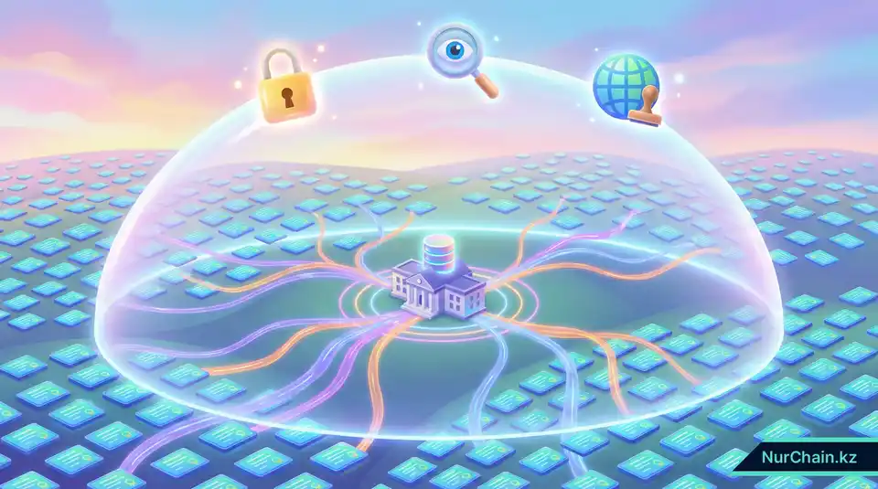 3D-графика, демонстрирующая масштабируемую безопасность и соблюдение законодательных норм для больших объемов цифровых дипломов.