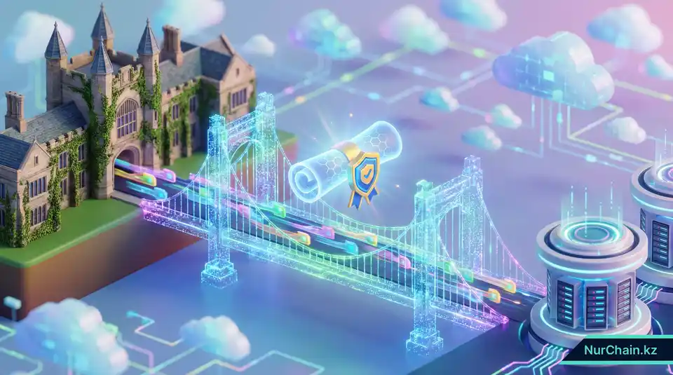 Трехмерный цифровой мост, соединяющий традиционные университетские системы с блокчейн-сетью для выдачи NFT-дипломов.