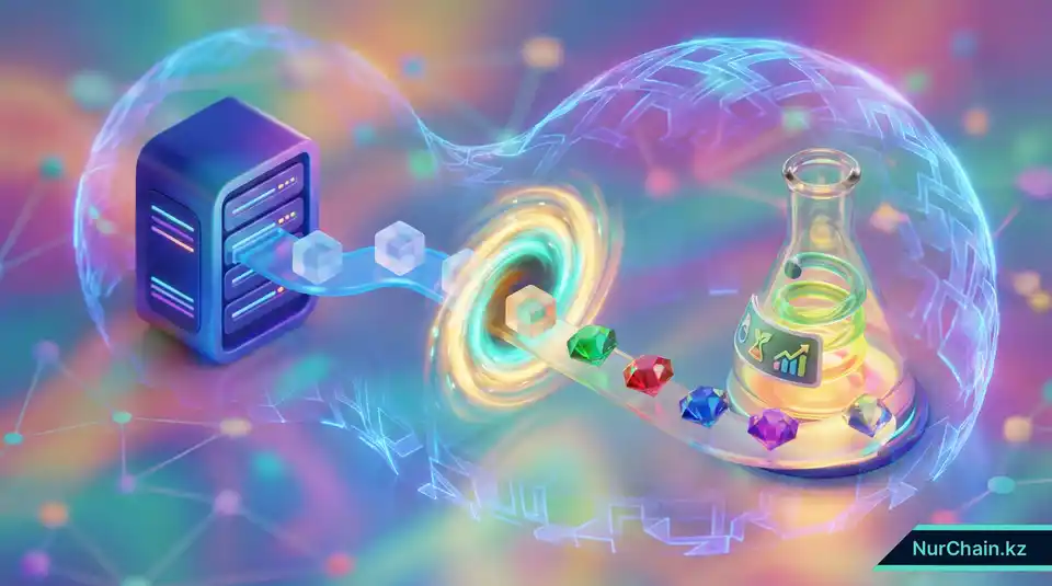 Техническая 3D-иллюстрация процесса сопоставления данных из ERP Platonus со стандартами метаданных блокчейна.