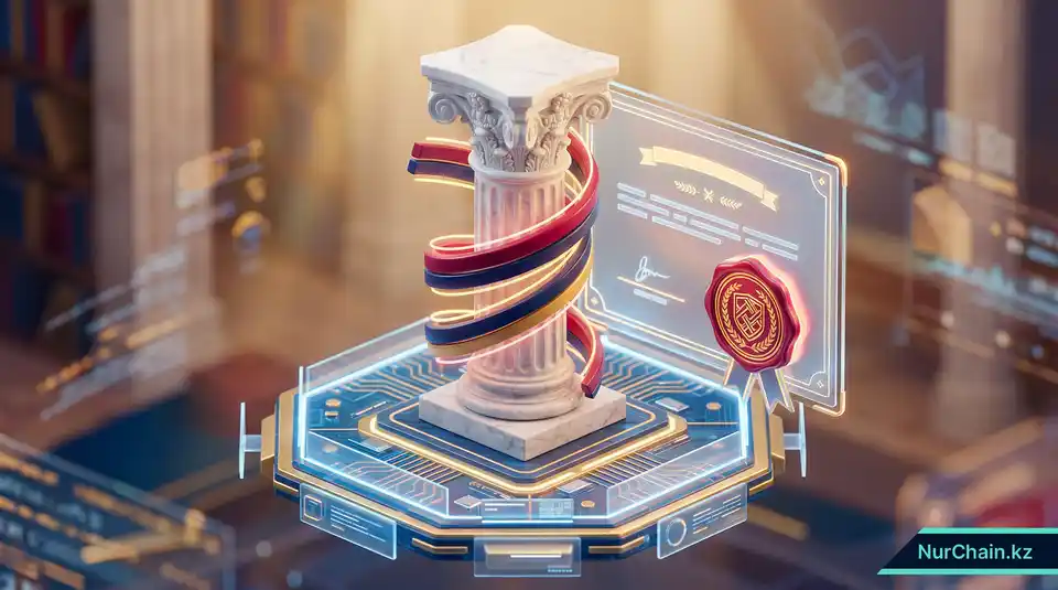 3D-визуализация классической университетской колонны и брендированного цифрового диплома, олицетворяющих доверие и авторитет организации.