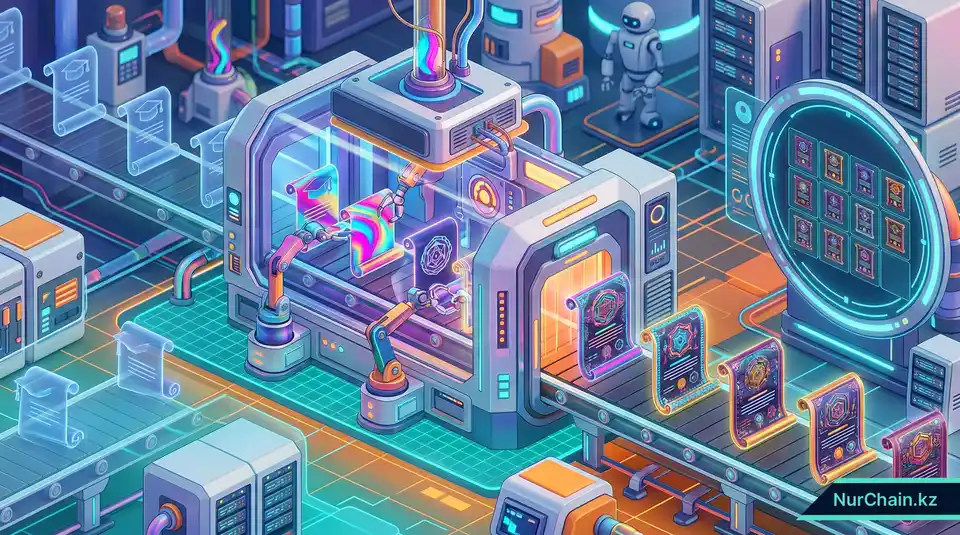 Трехмерная сборочная линия, изображающая процесс ребрендинга стандартных цифровых документов в NFT-дипломы конкретного учебного заведения.