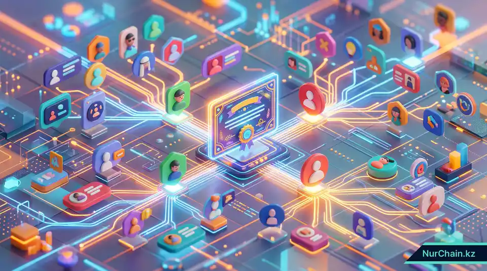 3D-визуализация сети, показывающая, как публикация цифрового диплома создает вирусную узнаваемость бренда университета.