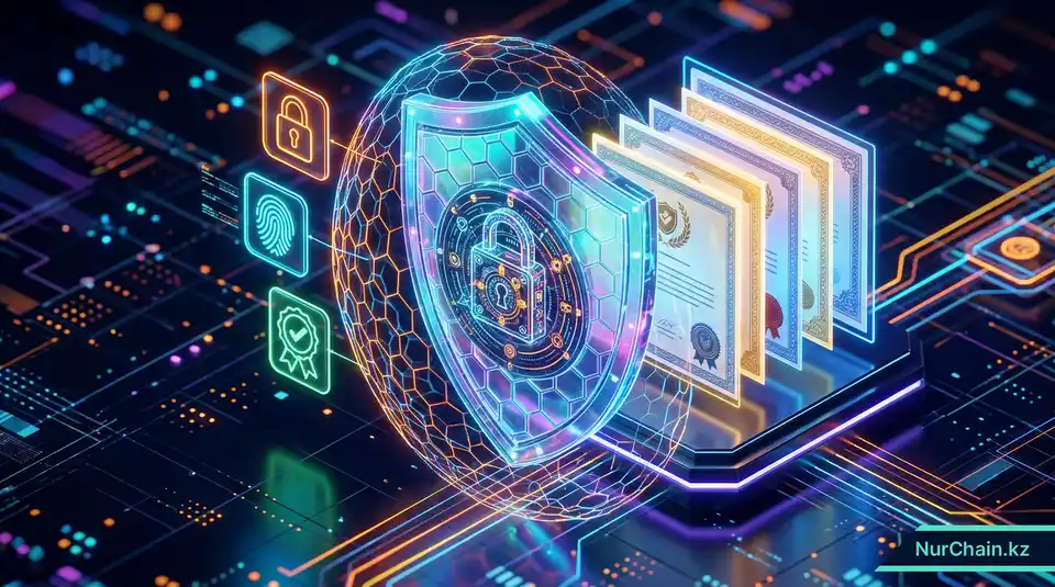 Трехмерная графика цифрового щита и блокчейн-сетки, защищающих университетские дипломы от подделки.