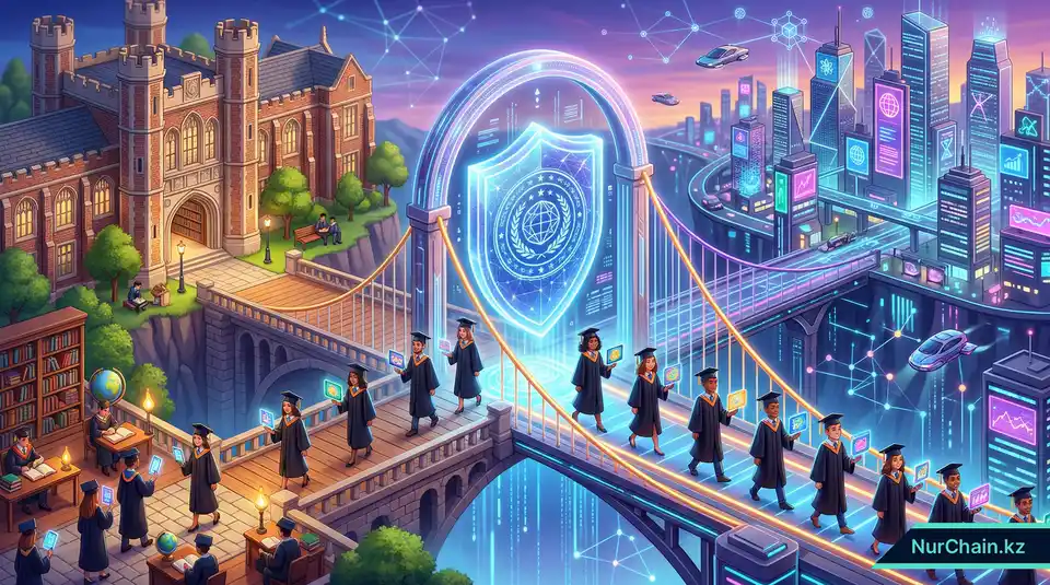 Итоговое 3D-изображение, демонстрирующее мост между традиционной академической средой и цифровым будущим через брендированные NFT-документы.