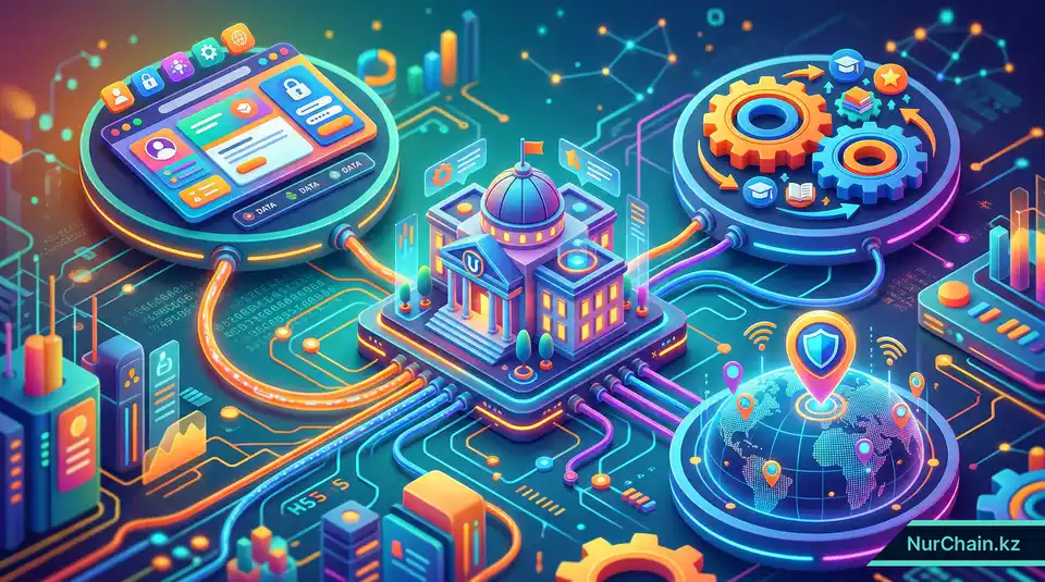 Техническая 3D-диаграмма, демонстрирующая интеграцию университетских систем с брендированной блокчейн-платформой для выдачи дипломов.