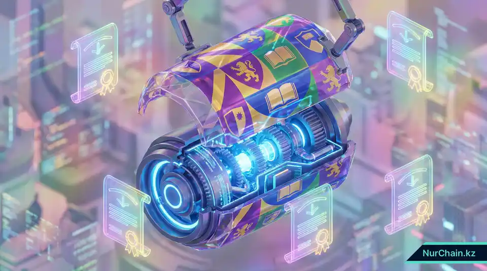 Трехмерная изометрическая иллюстрация, показывающая процесс брендирования блокчейн-движка в цветах университета для создания White Label платформы NFT-дипломов.