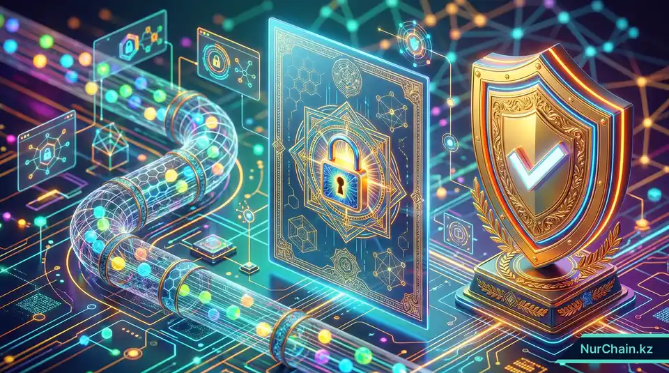 3D-графика, демонстрирующая стандарты соответствия безопасности, такие как ISO и GDPR, с золотым щитом и защищенным потоком данных.