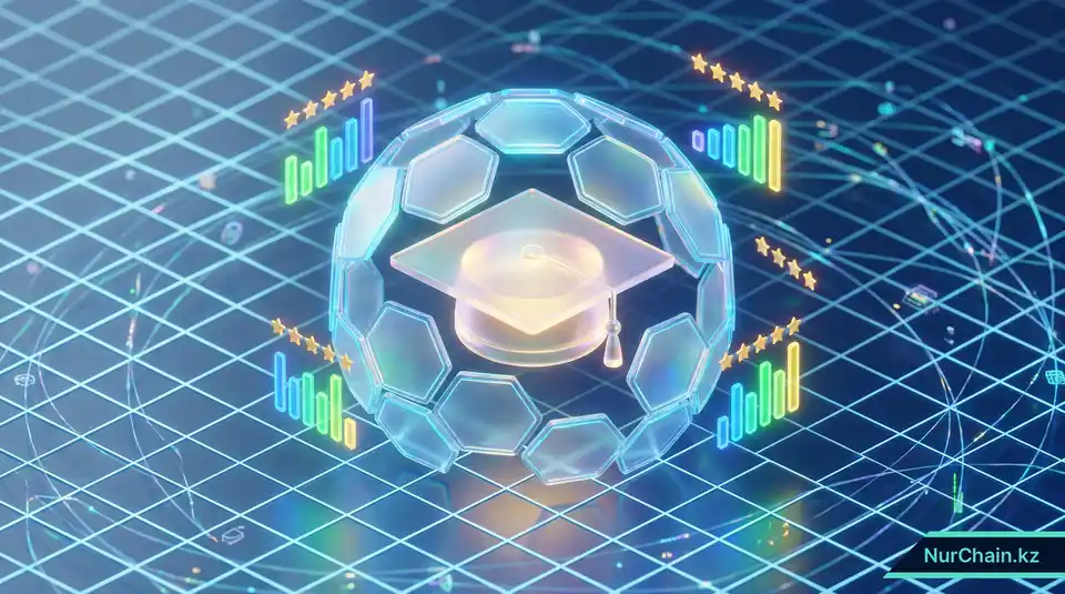 3D-иллюстрация системы рейтинга безопасности NFT-дипломов со светящимися щитами и магистерской шапочкой на технологичном фоне.