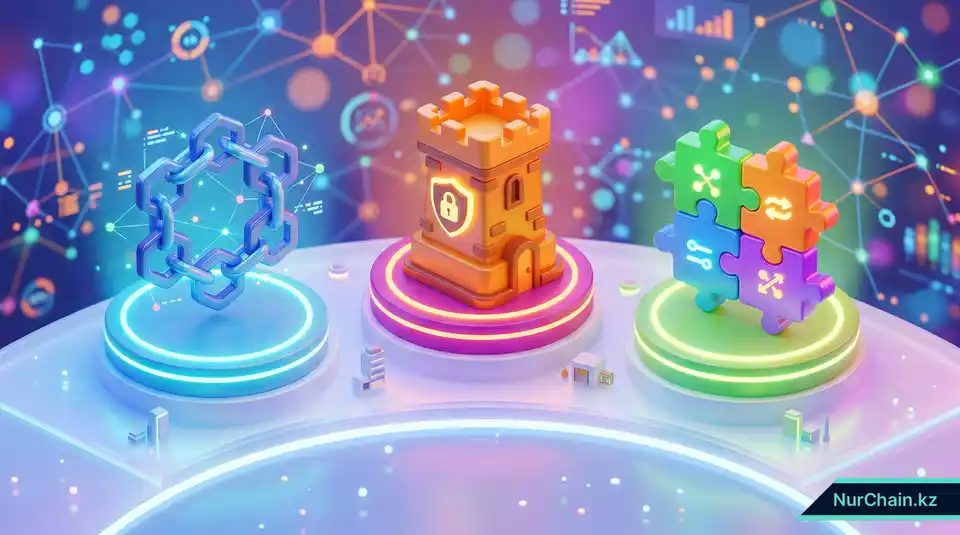 3D-сравнение различных платформ для NFT-дипломов, демонстрирующее их уникальные преимущества в области безопасности через абстрактные иконки.