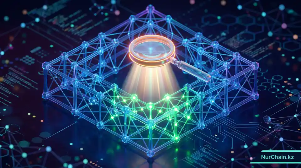 3D-визуализация процесса аудита смарт-контракта с увеличительным стеклом, исследующим светящуюся цифровую структуру.