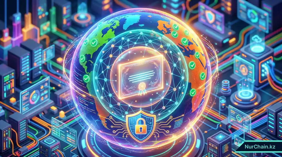 3D-графика с итогами, показывающая цифровой документ, защищенный несколькими уровнями безопасности и соответствия стандартам.