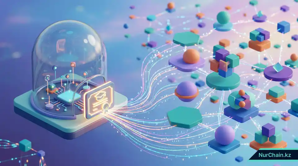 3D-иллюстрация цифрового диплома, вырывающегося из закрытого стеклянного купола в открытую глобальную сеть, символизирующая отказ от зависимости от конкретного поставщика.