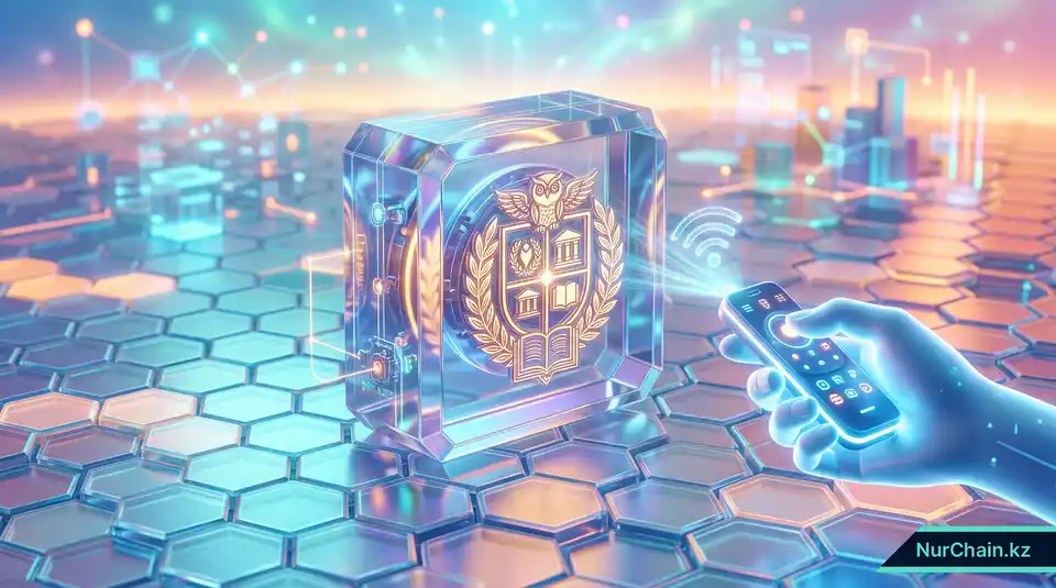 3D-изображение университета, управляющего смарт-контрактом в публичном блокчейн-реестре, подчеркивающее контроль над инфраструктурой.