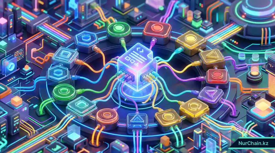 3D-инфографика, изображающая цифровой документ, подключающийся к нескольким системам через универсальные порты, что символизирует стандарты операционной совместимости.